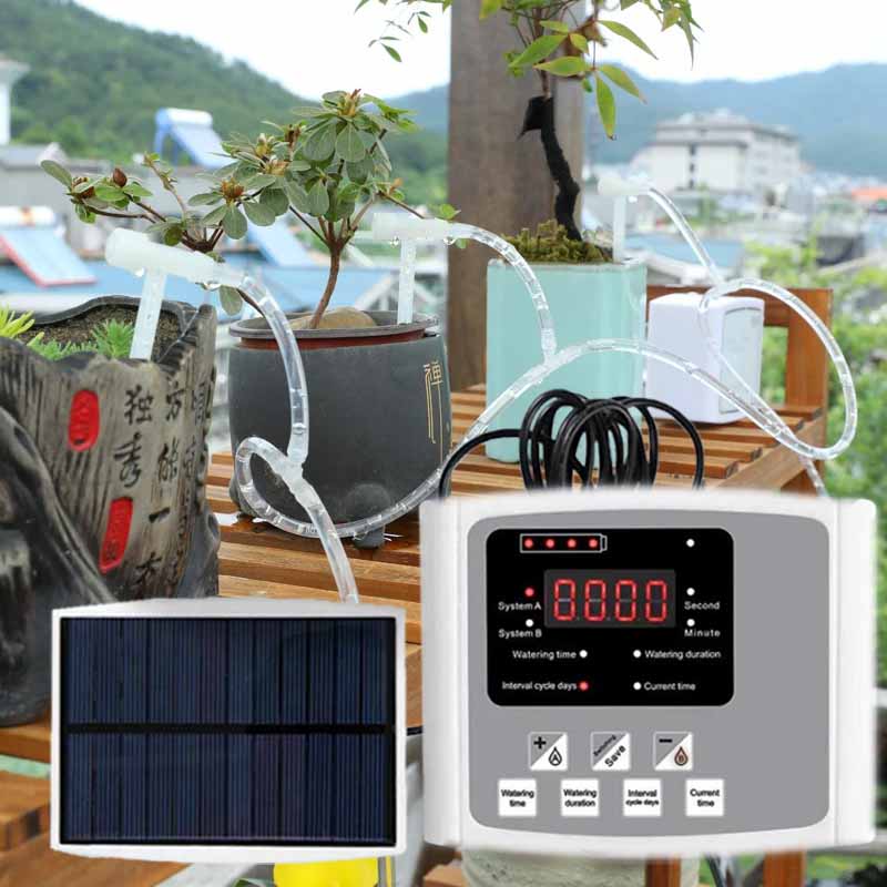 Smart Garden Sprinkler - อุปกรณ์รดน้ำหยดพลังงานแสงอาทิตย์อัตโนมัติ ปั๊มคู่ วาล์วปรับได้ ระบบตั้งเวลาควบคุมอัจฉริยะ สำหรับรดน้ำสวน