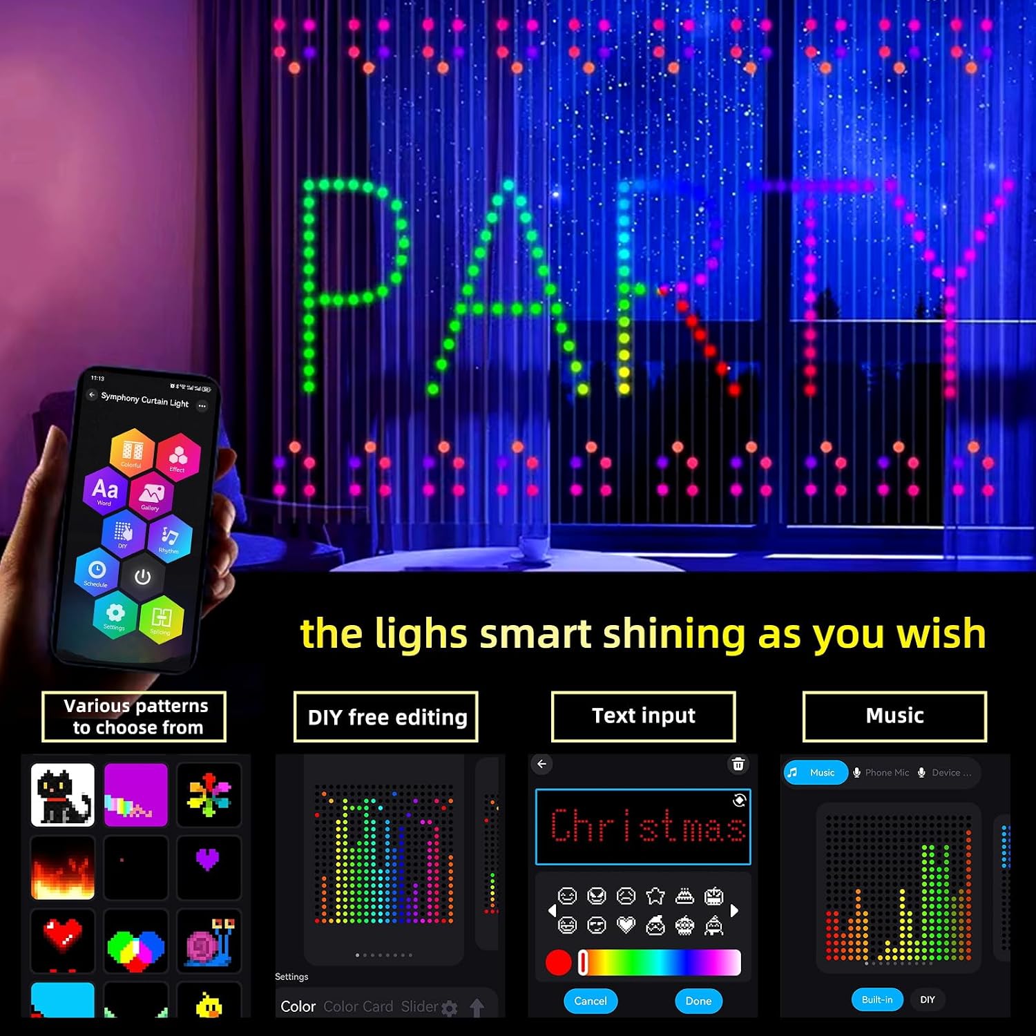 Smart Garden Led Lights - ไฟม่าน LED อัจฉริยะ ควบคุมแบบจุดได้เอง ไฟสายตกแต่งแบบแฟนซี ควบคุมผ่านแอป