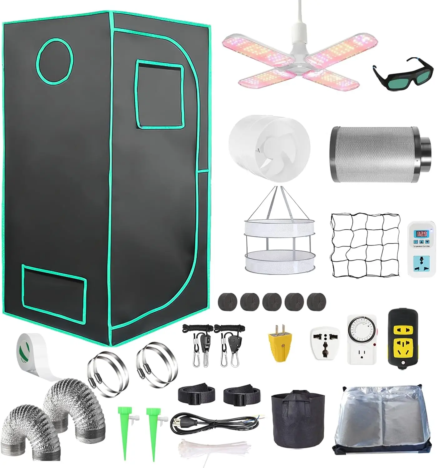 Grow Tent Complete Kit - ชุดอุปกรณ์ปลูกต้นไม้ในร่มแบบครบชุด พร้อมผนังสะท้อนแสงสูง สำหรับปลูกพืชแบบไฮโดรโปนิกส์ พร้อมไฟปลูกต้นไม้ LED แบบสเปกตรัมเต็ม