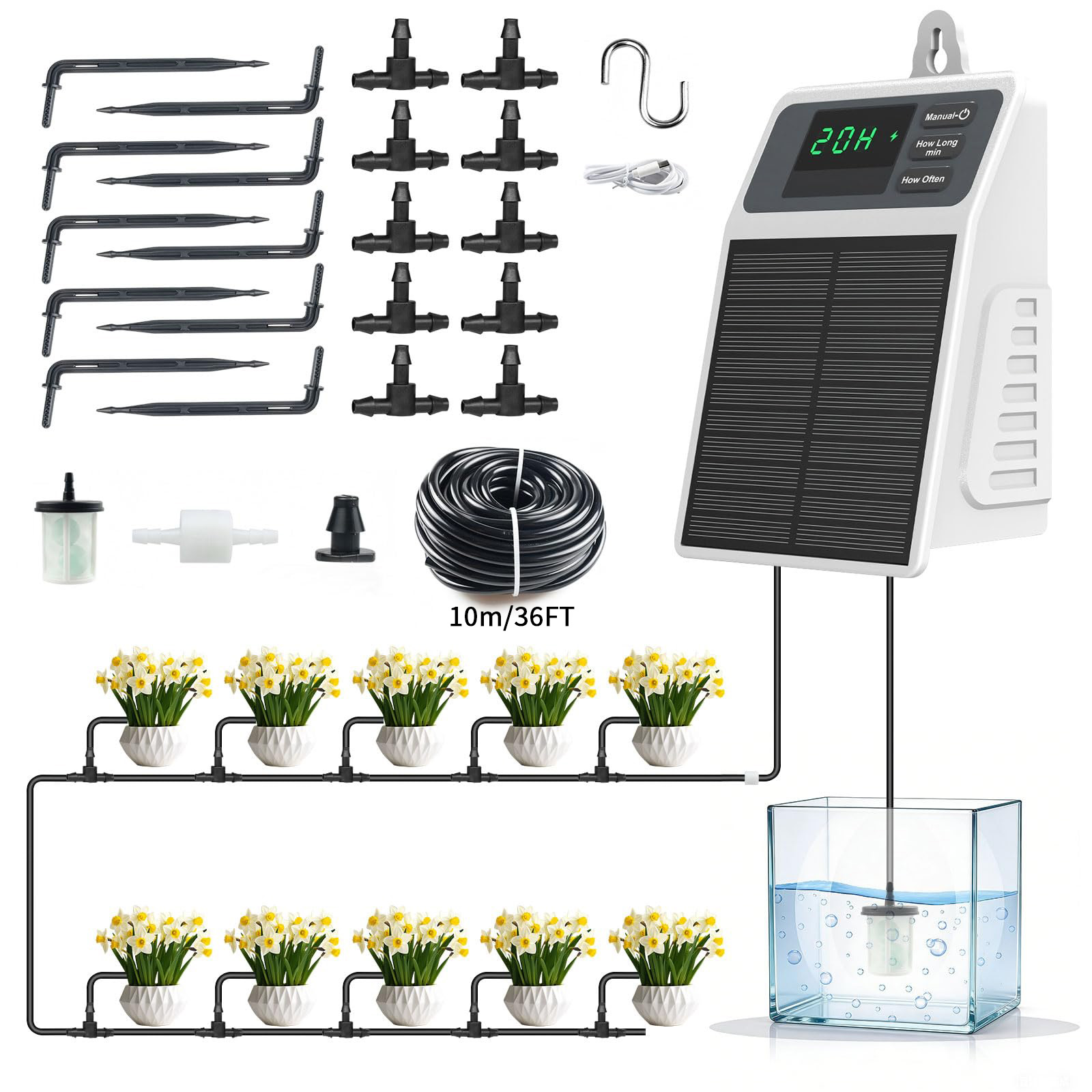 Smart Garden Monitor - ระบบให้น้ำหยดด้วยพลังงานแสงอาทิตย์แบบอัตโนมัติรุ่นอัปเกรด อุปกรณ์รดน้ำต้นไม้สำหรับบ้าน สวน ระเบียง โรงเรือน และต้นไม้แขวน