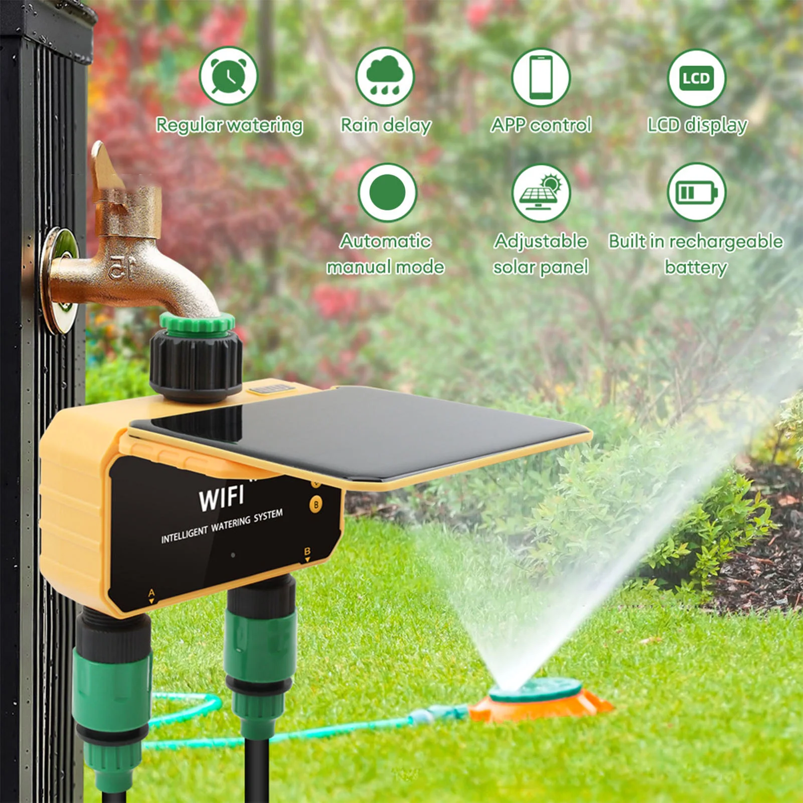 Smart Garden Sprinkler - ตัวตั้งเวลาควบคุมการรดน้ำอัจฉริยะแบบโซลาร์ไวไฟ พร้อมฟังก์ชั่นตรวจจับฝน ควบคุมผ่านแอพพลิเคชั่น 2 ช่องจ่ายน้ำ สำหรับสวนและสนามหญ้า