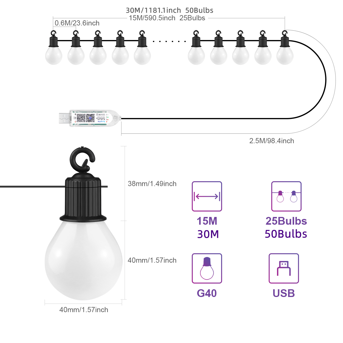 หลอดไฟ LED อัจฉริยะ WIFI G40 ส - Smart Garden Festoon Lights บทวิจารณ์และราคา